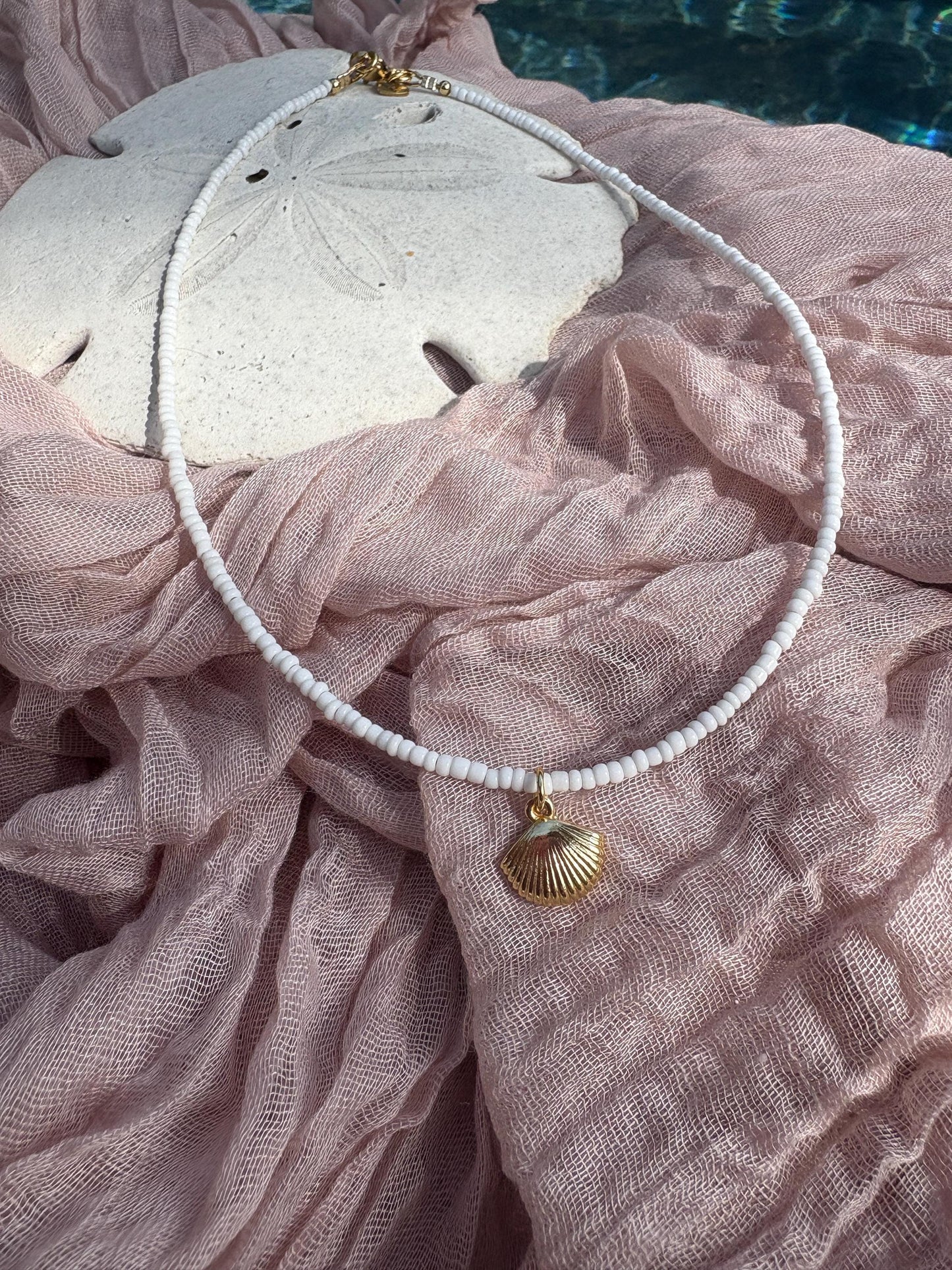 White seed bead seashell choker