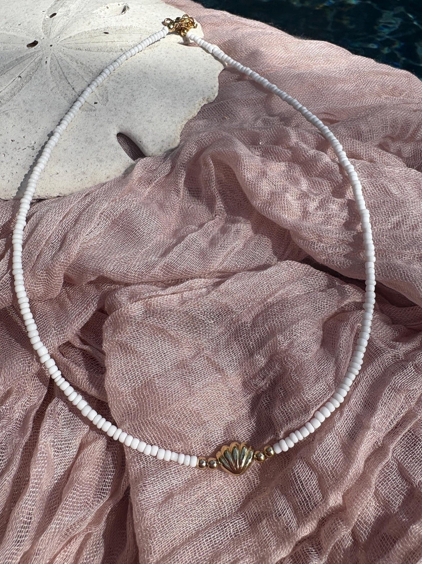White seed bead seashell choker