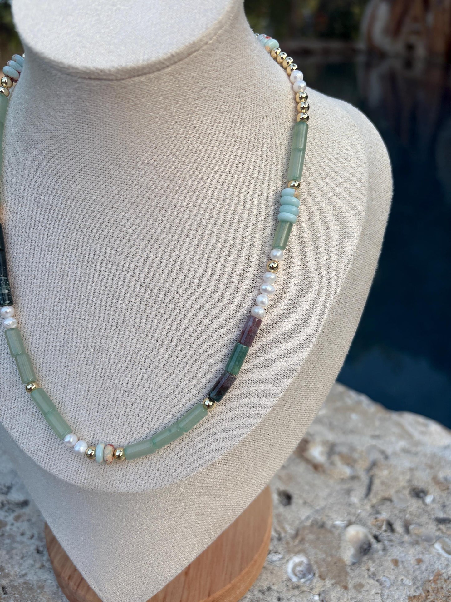Ocean Green Beads and Pearl Necklace