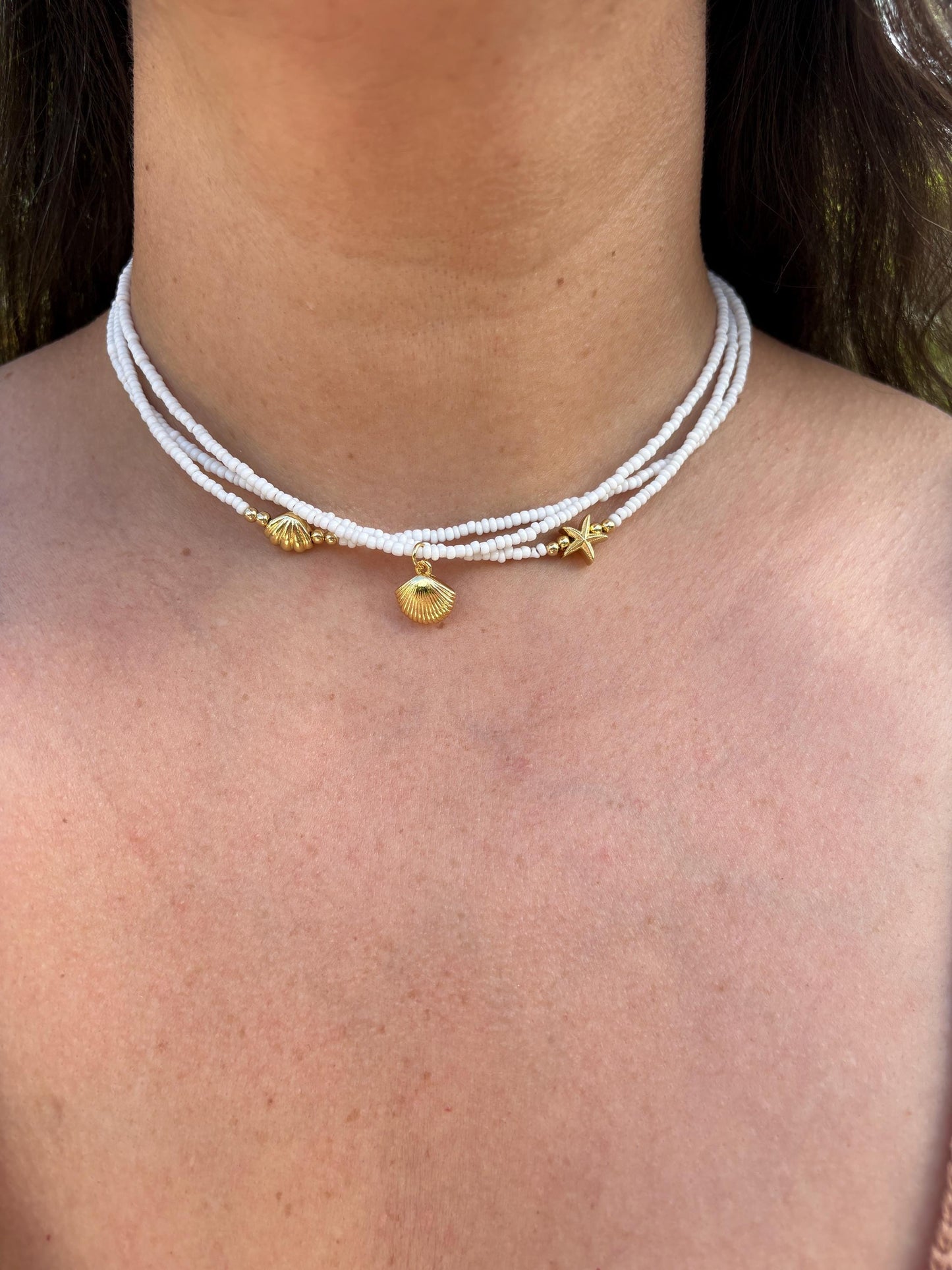 White seed bead seashell choker