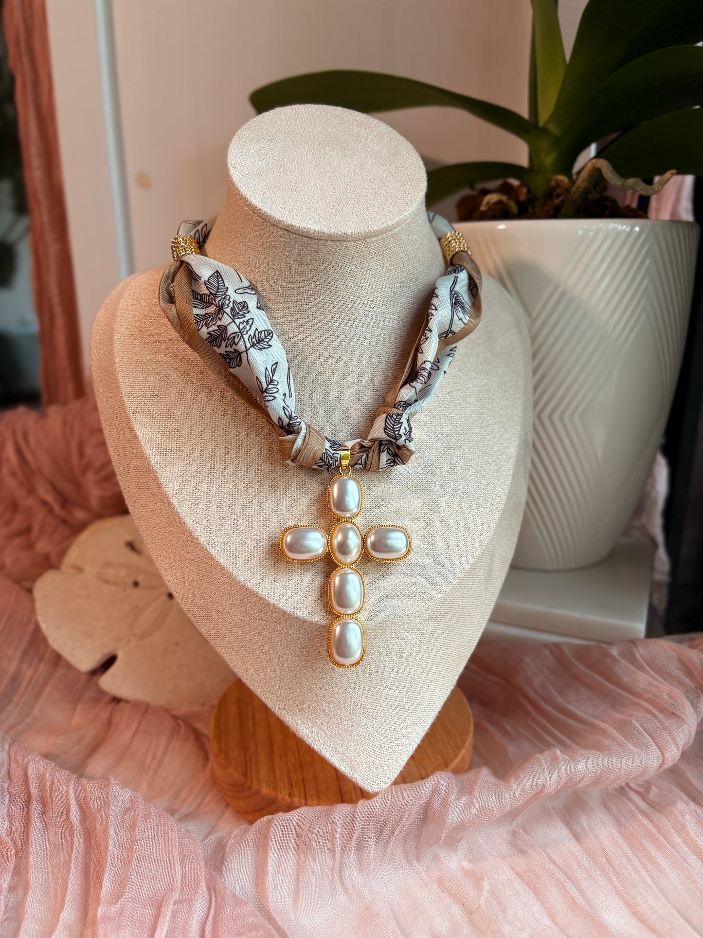 Scarf Necklace with Pearl Cross