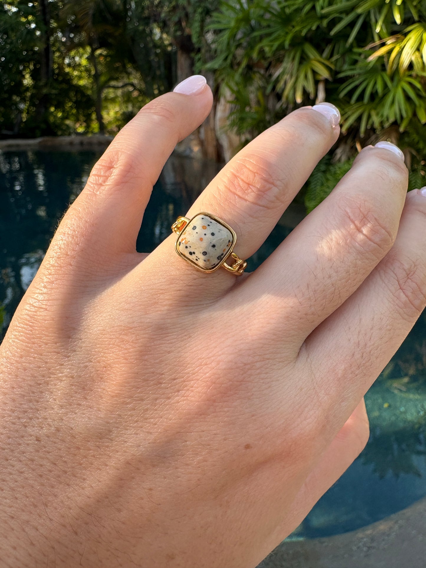 Adjustable Dalmatian Jasper Chain Ring - Sky’s Gem Box
