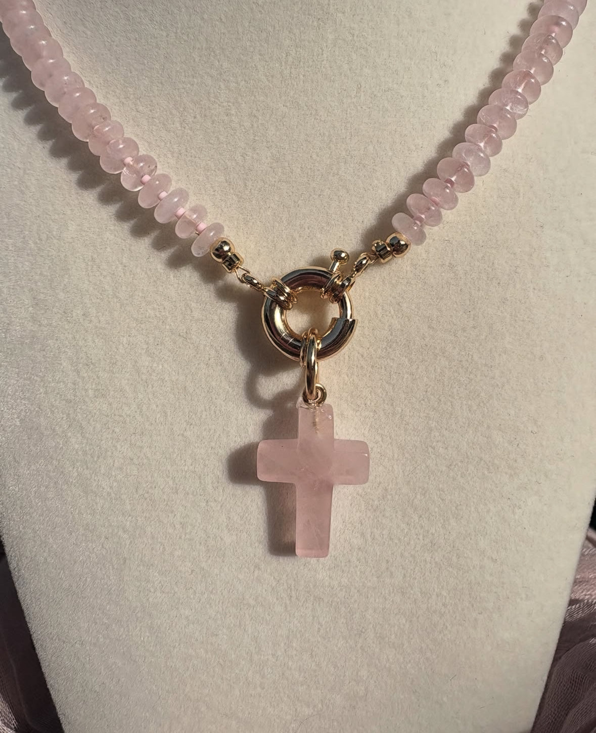 Pink Agate Necklace with Cross Pendant