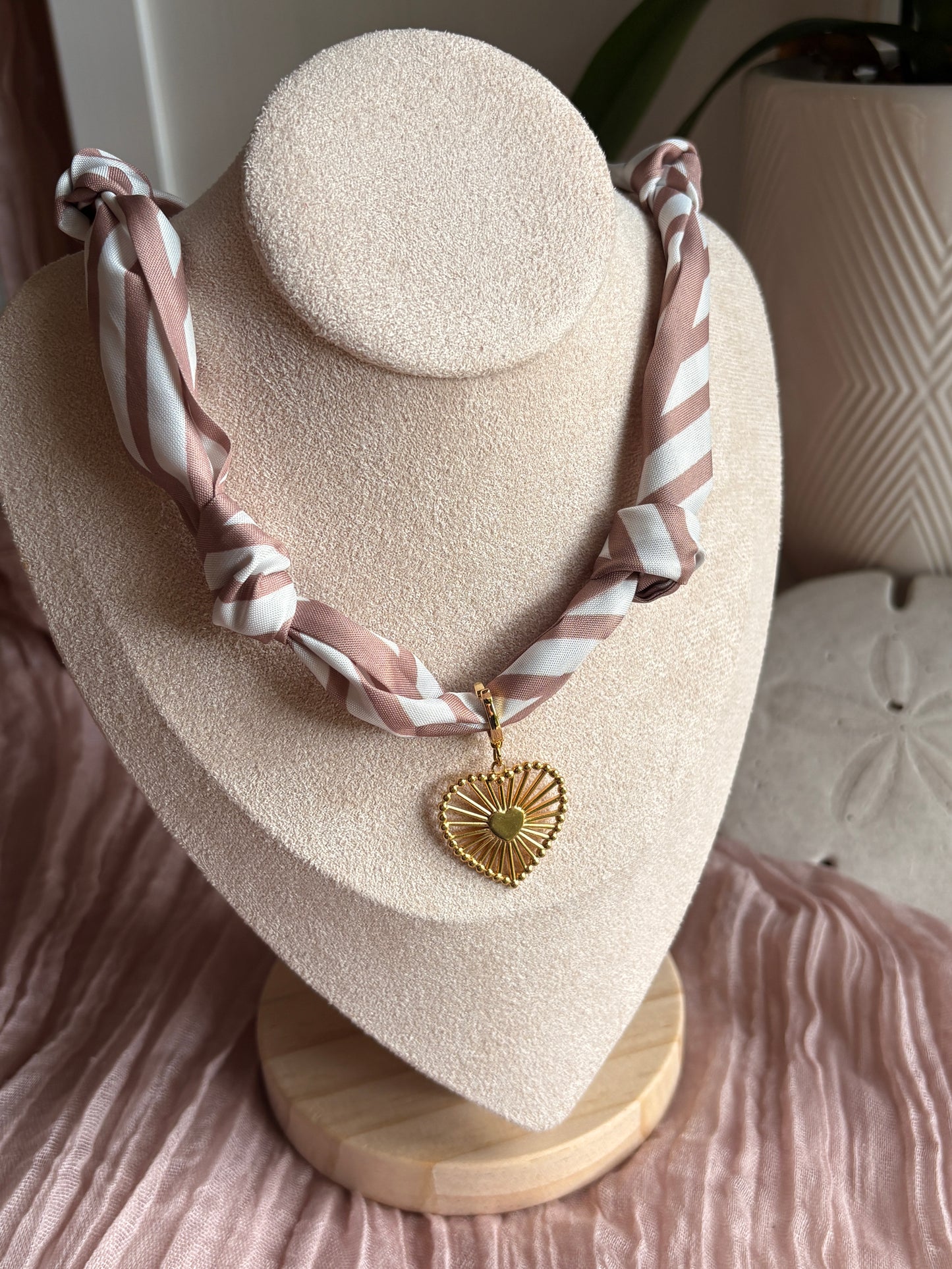 Tan Scarf with Gold Heart Pendant - Sky’s Gem Box