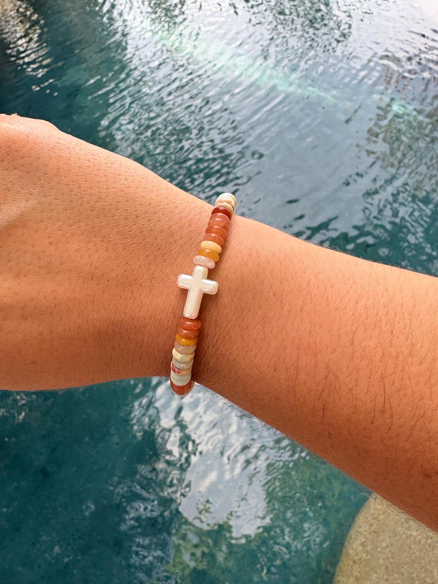 Agate Gemstone Bracelet with White Cross