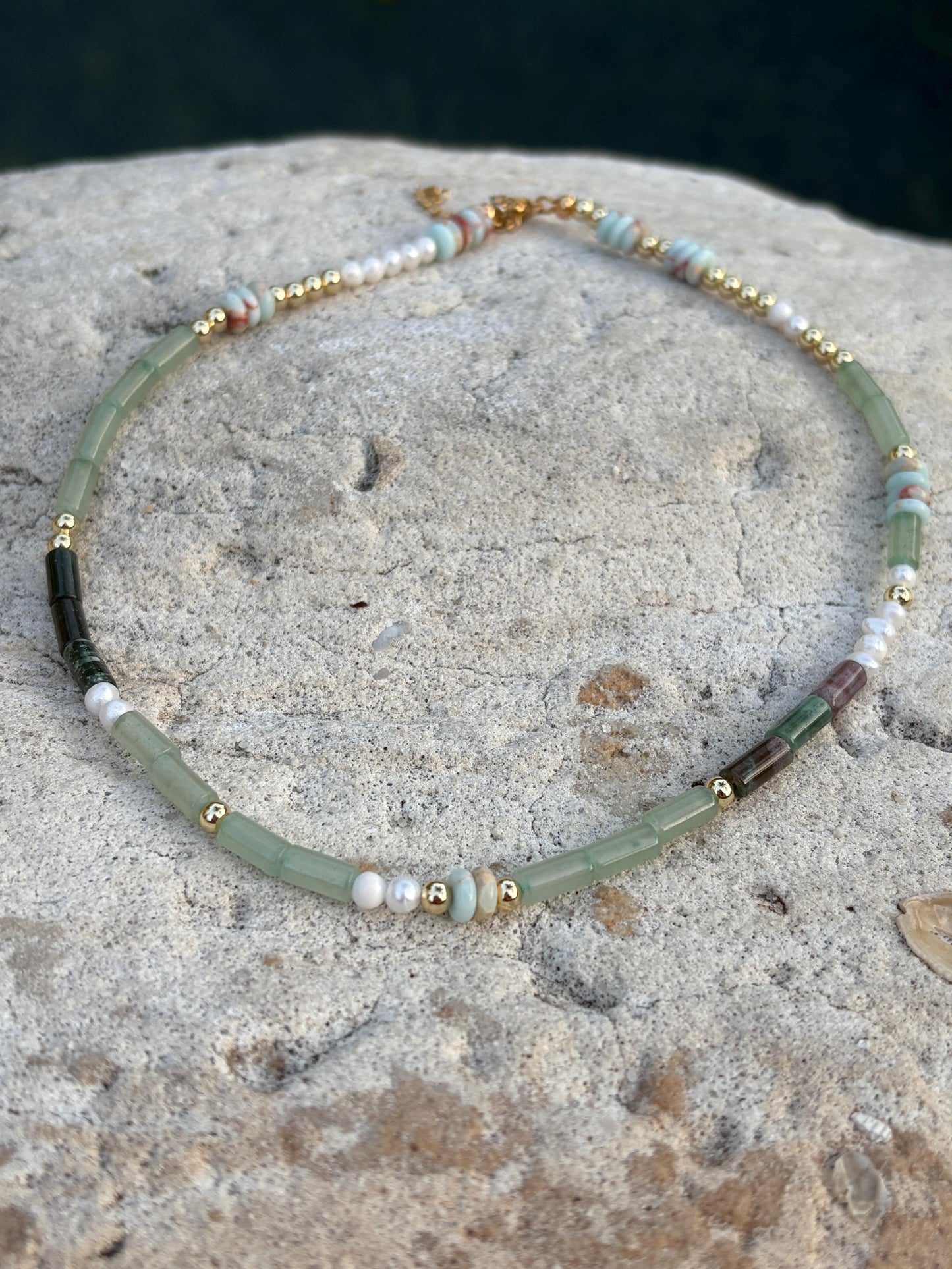Ocean Green Beads and Pearl Necklace