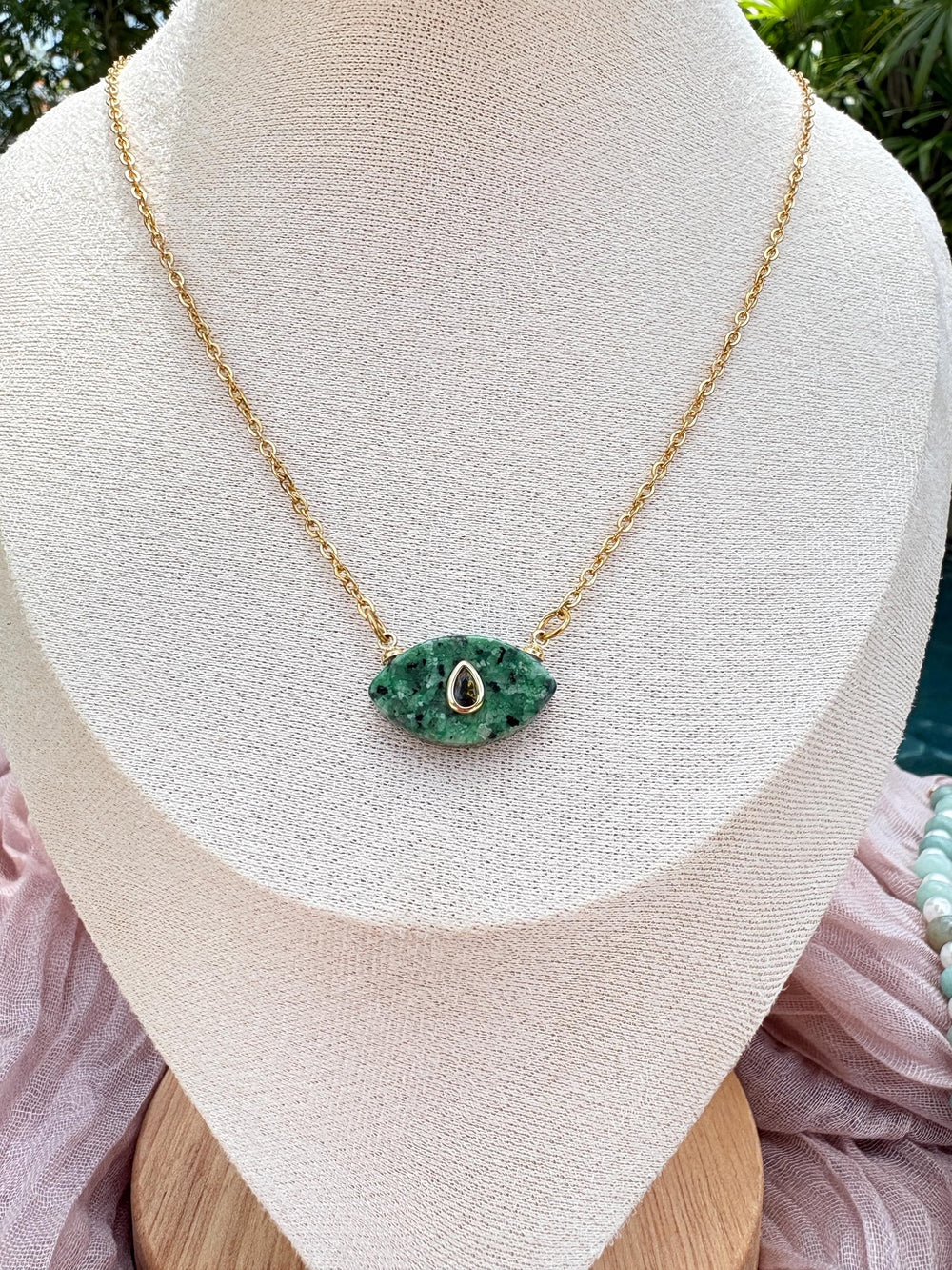 Gold Chain Necklace with Green Jasper Connector - Sky’s Gem Box