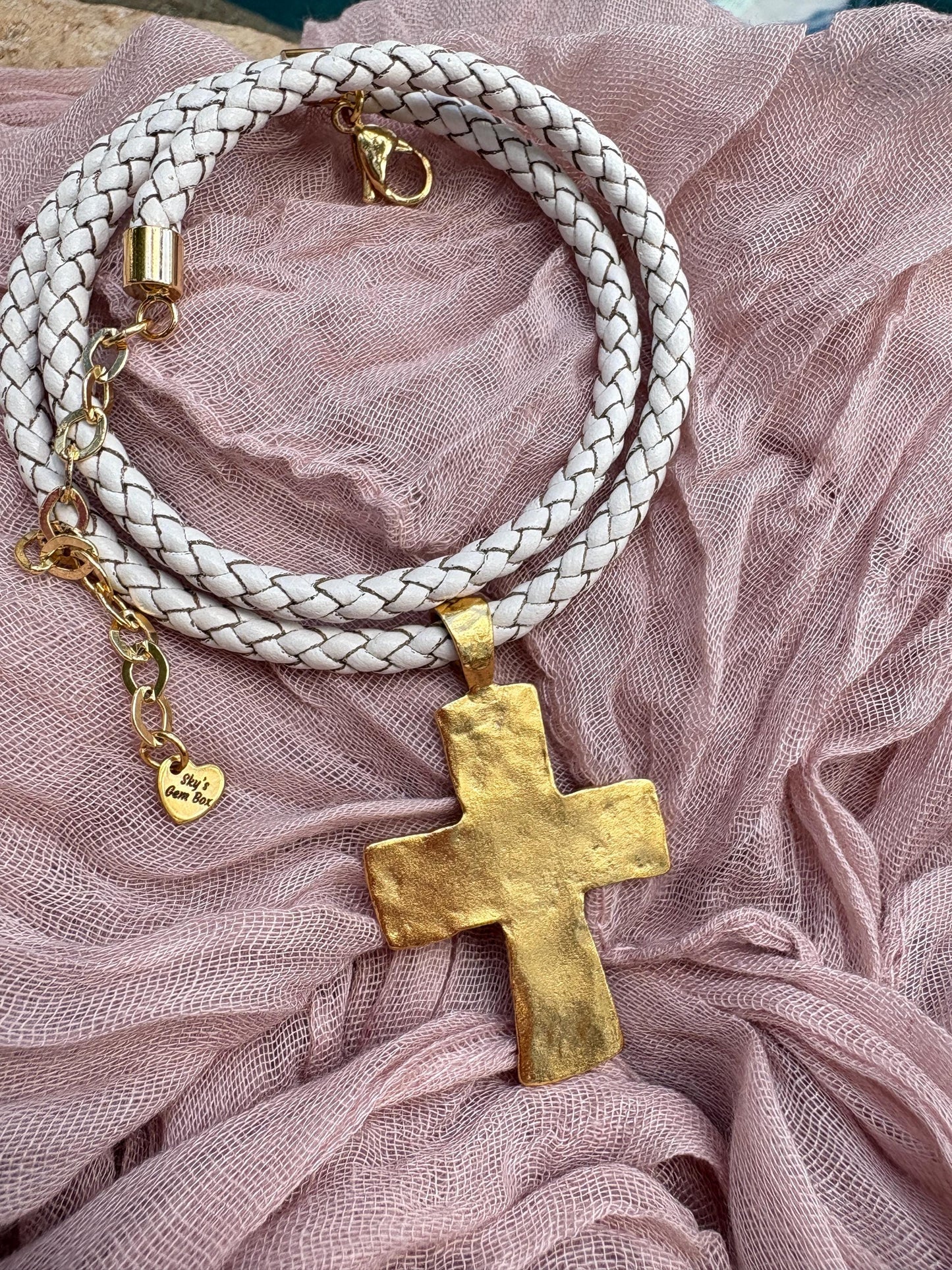 Pewter Cross on Chunky white Leather Cord