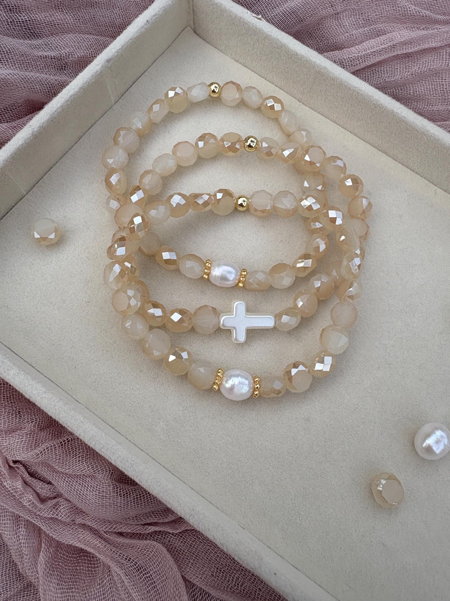 Champagne Faceted Beaded Stretch Bracelet Set of 3