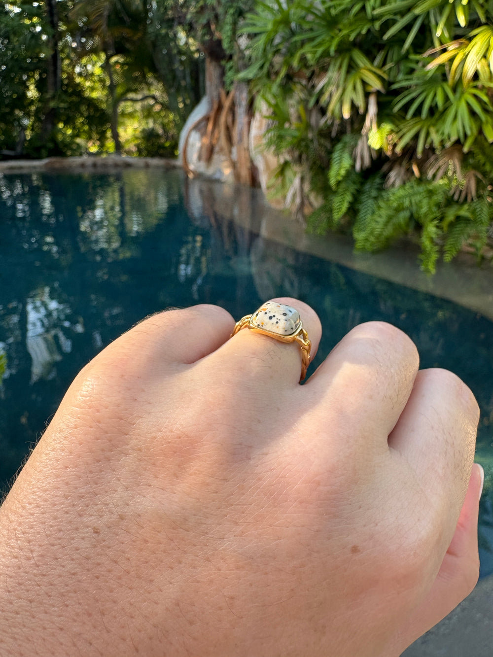 Adjustable Dalmatian Jasper Chain Ring - Sky’s Gem Box