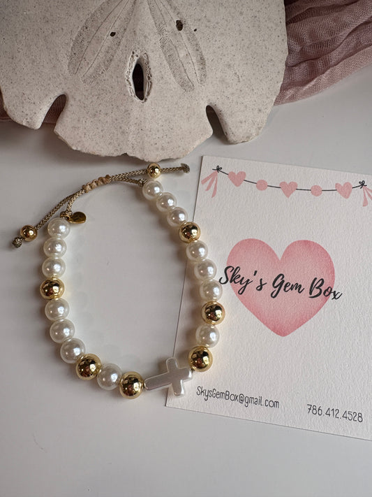 Pearl and Gold Cross Adjustable Bracelet