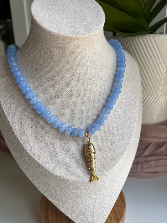 Light Blue Agate With Fish Pendant Necklace