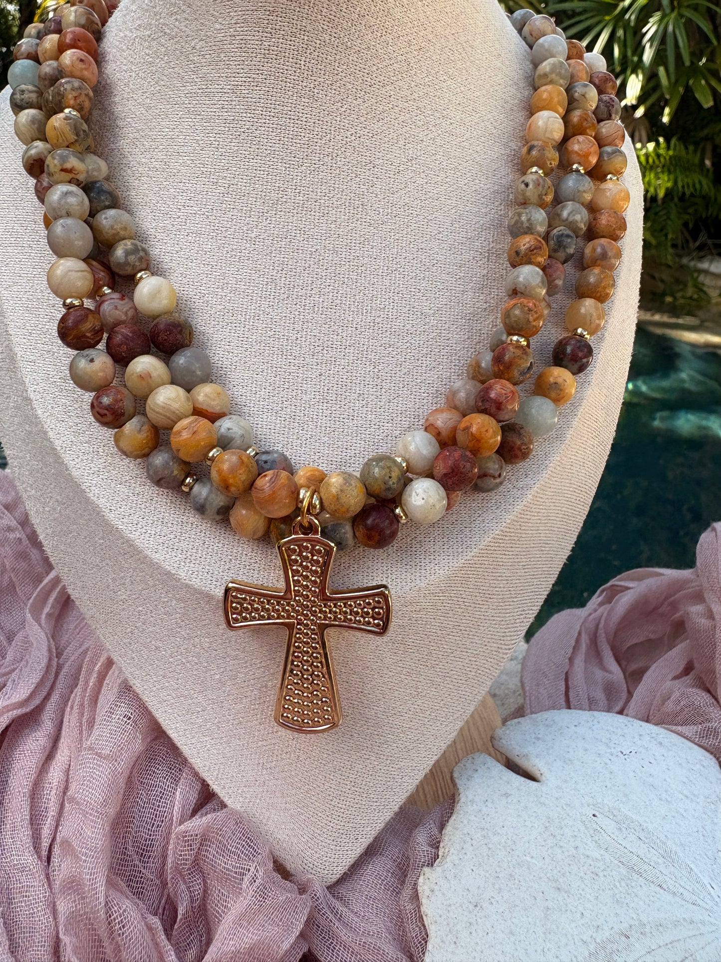 Triple Crazy Lace Agate Cross Necklace