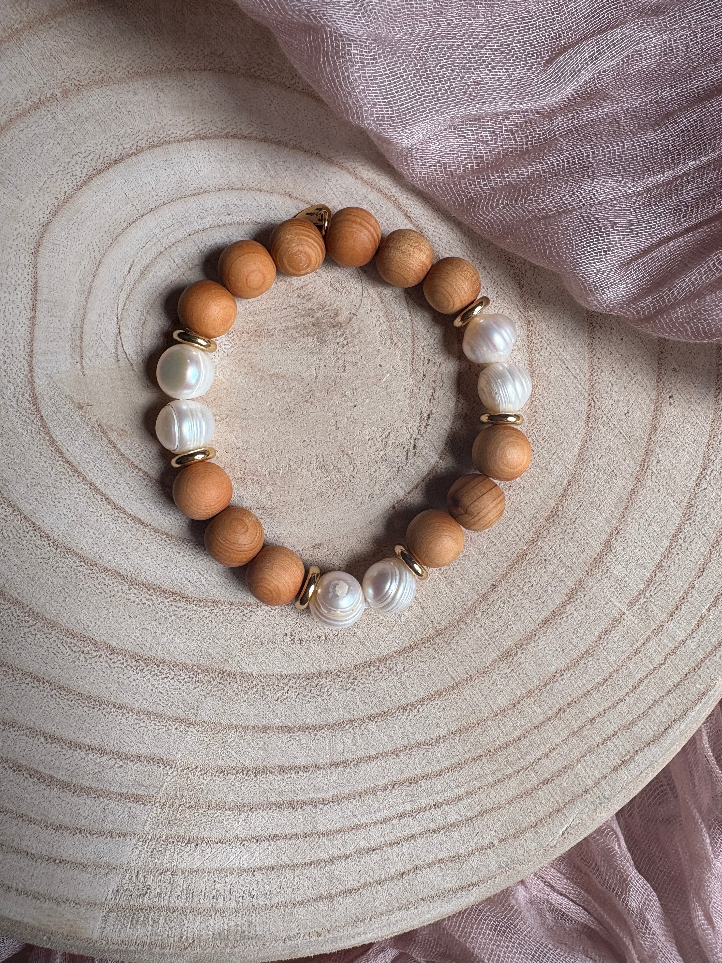 Natural Wood and Pearl Bracelet