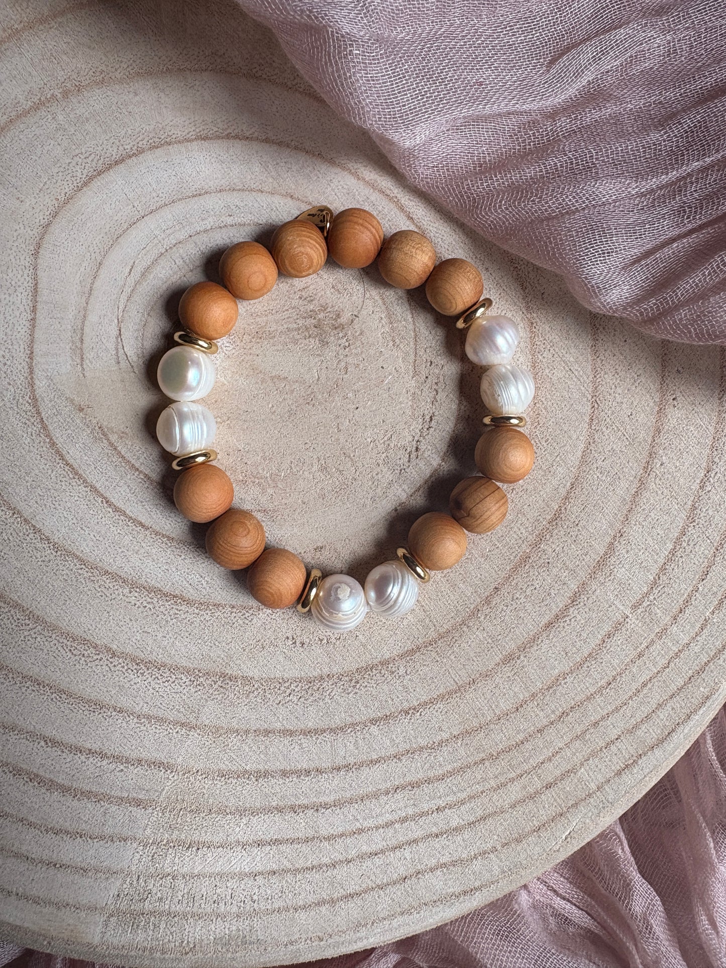 Natural Wood and Pearl Bracelet