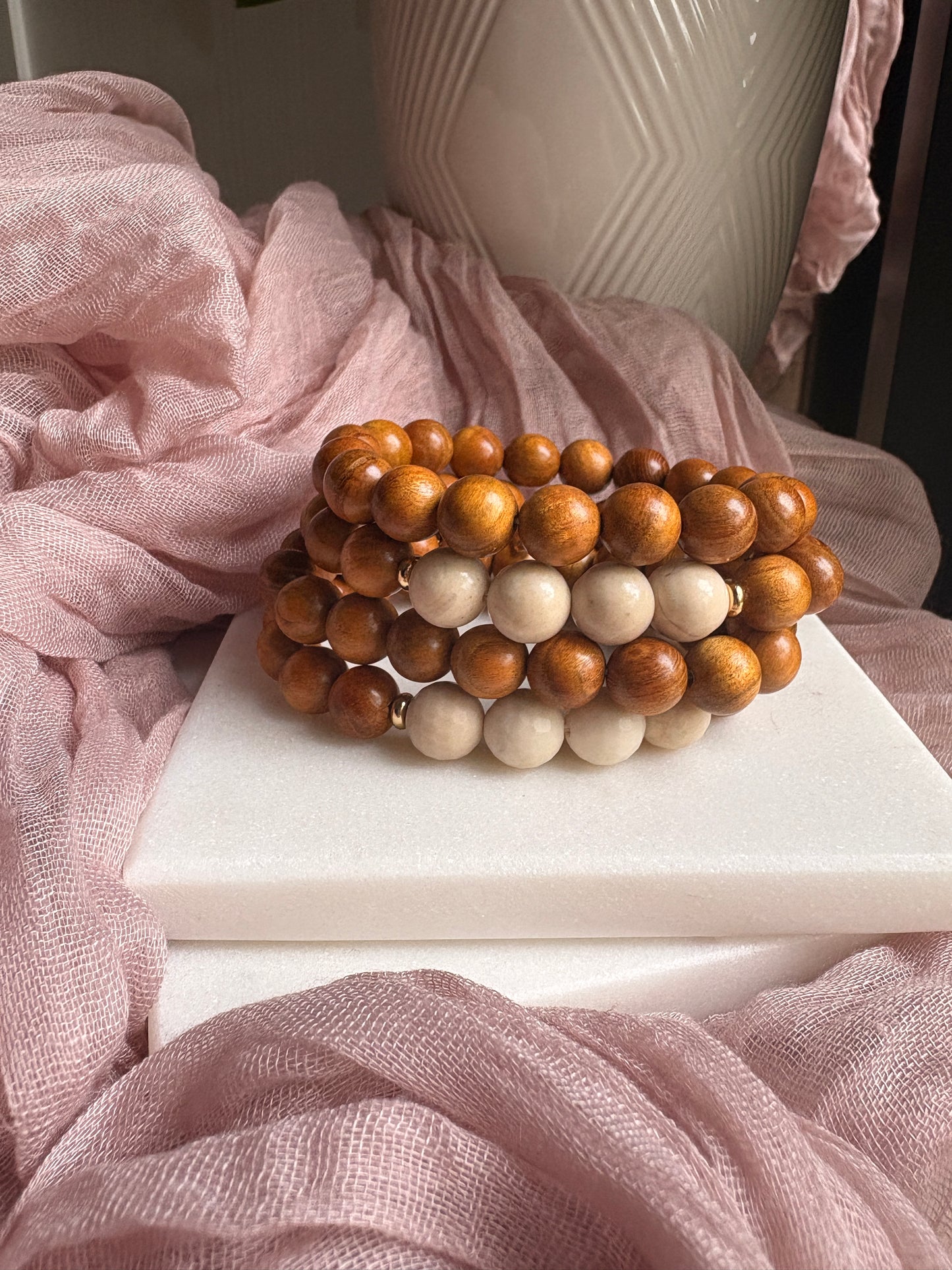 Warm Tone Wood and Fossil Jasper Bracelet