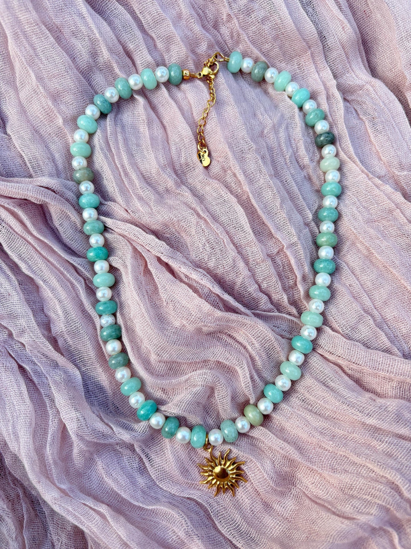 Green Agate Bead Necklace with Sun Charm