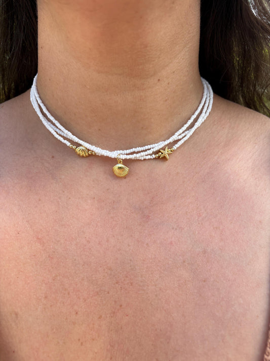 White seed bead seashell choker