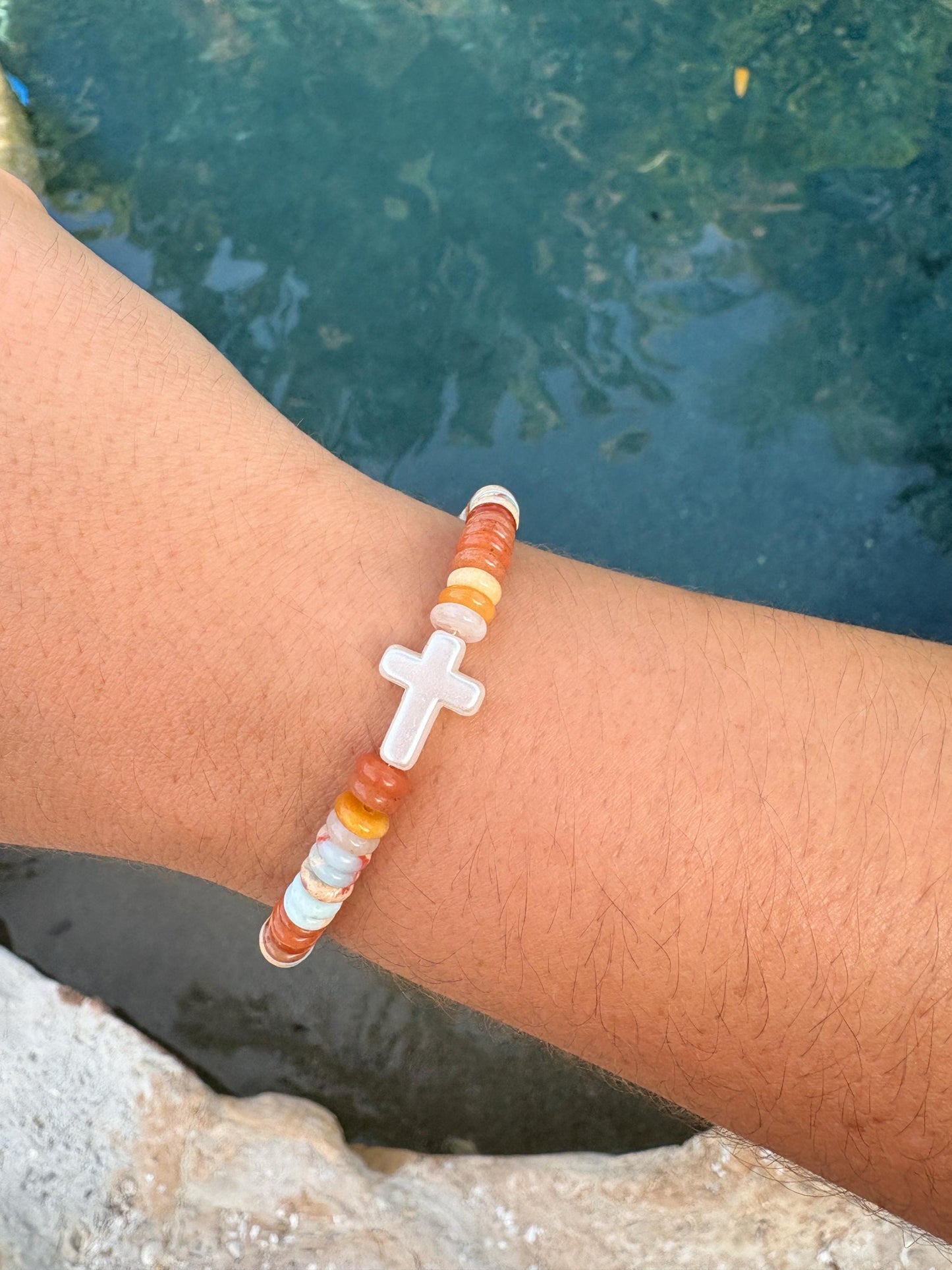 Agate Gemstone Bracelet with White Cross