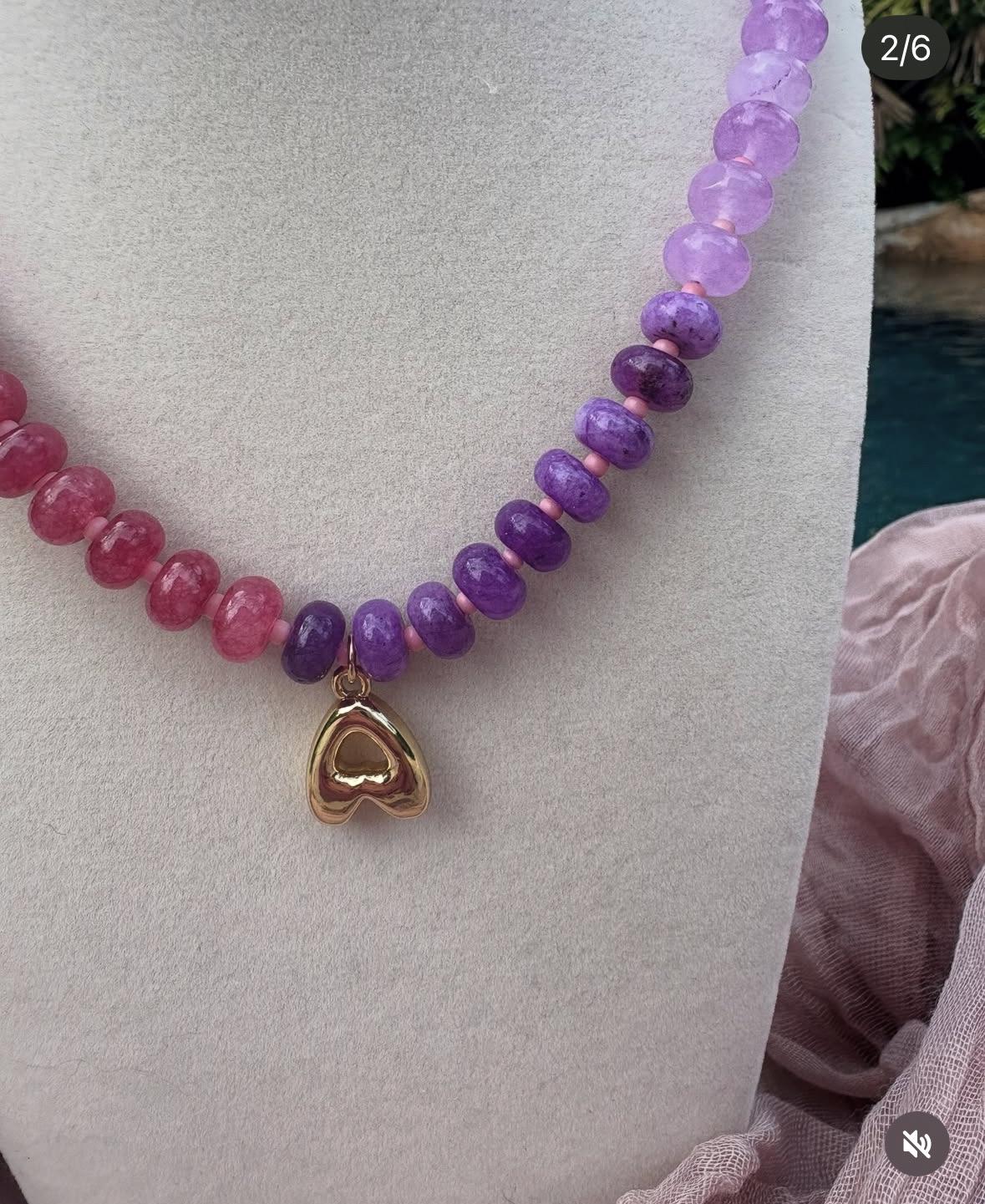 Pink and Purple Ombre Beaded Necklace with Initial Charm