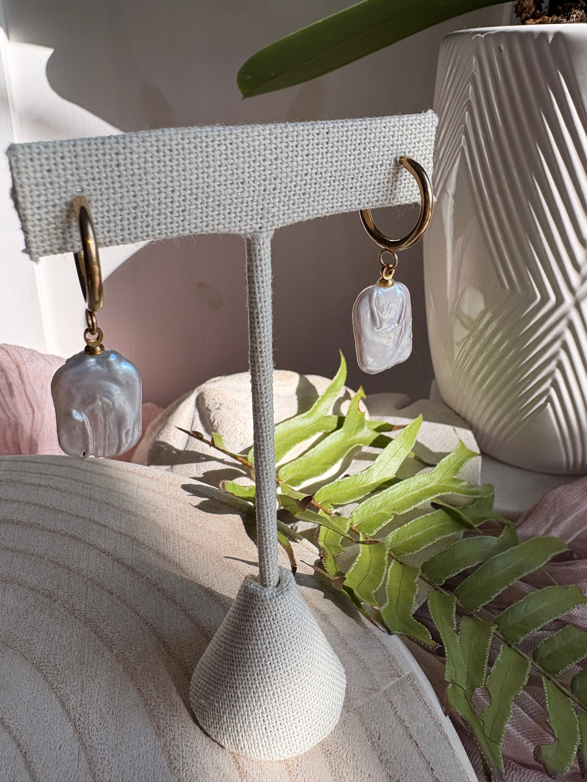 Gold Hoops with Rectangle Pearls