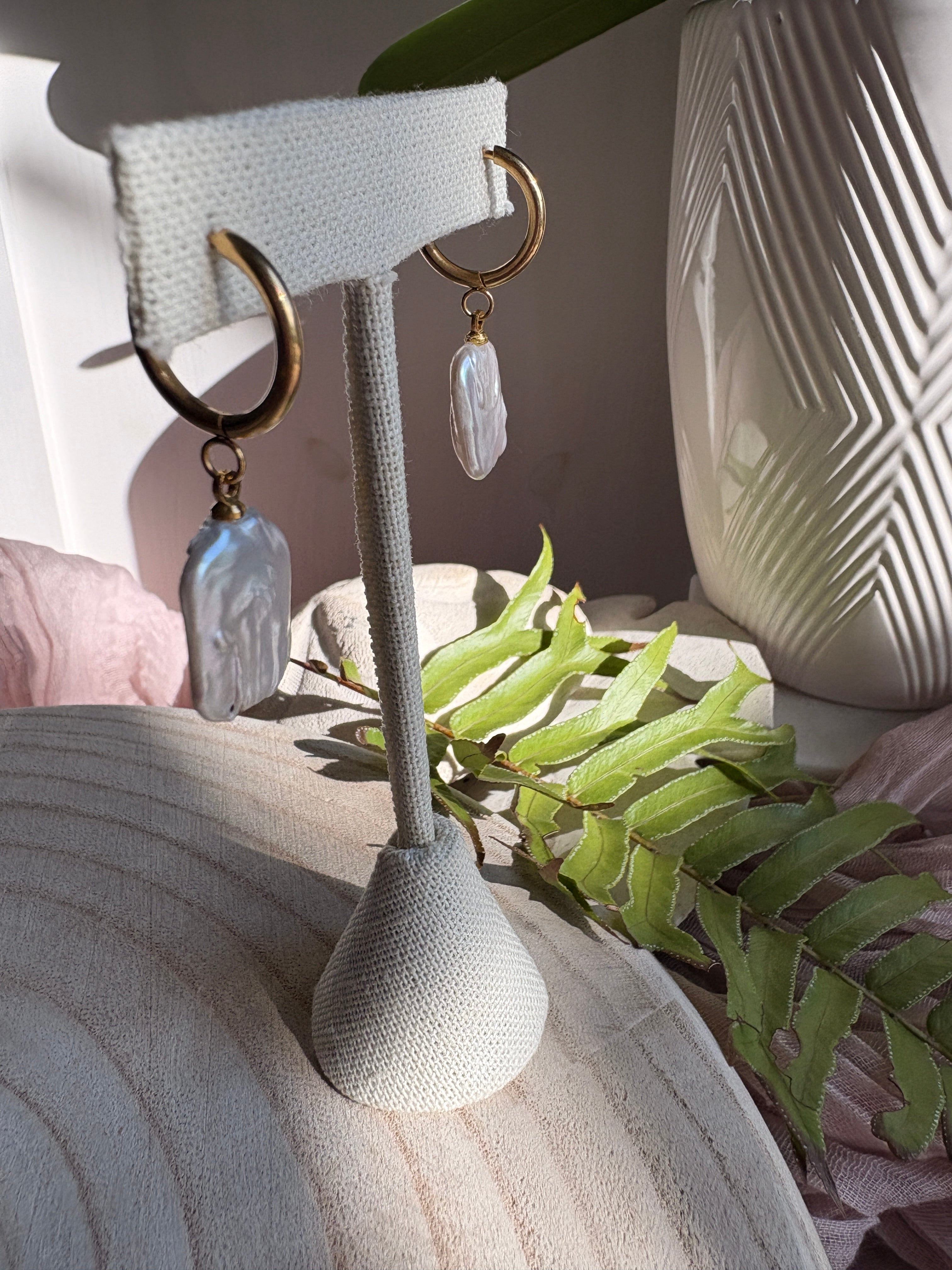 Gold Hoops with Rectangle Pearls