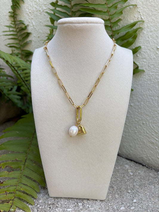 Hanging pearl and heart necklace