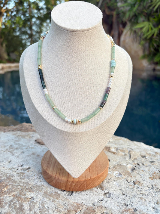 Ocean Green Beads and Pearl Necklace