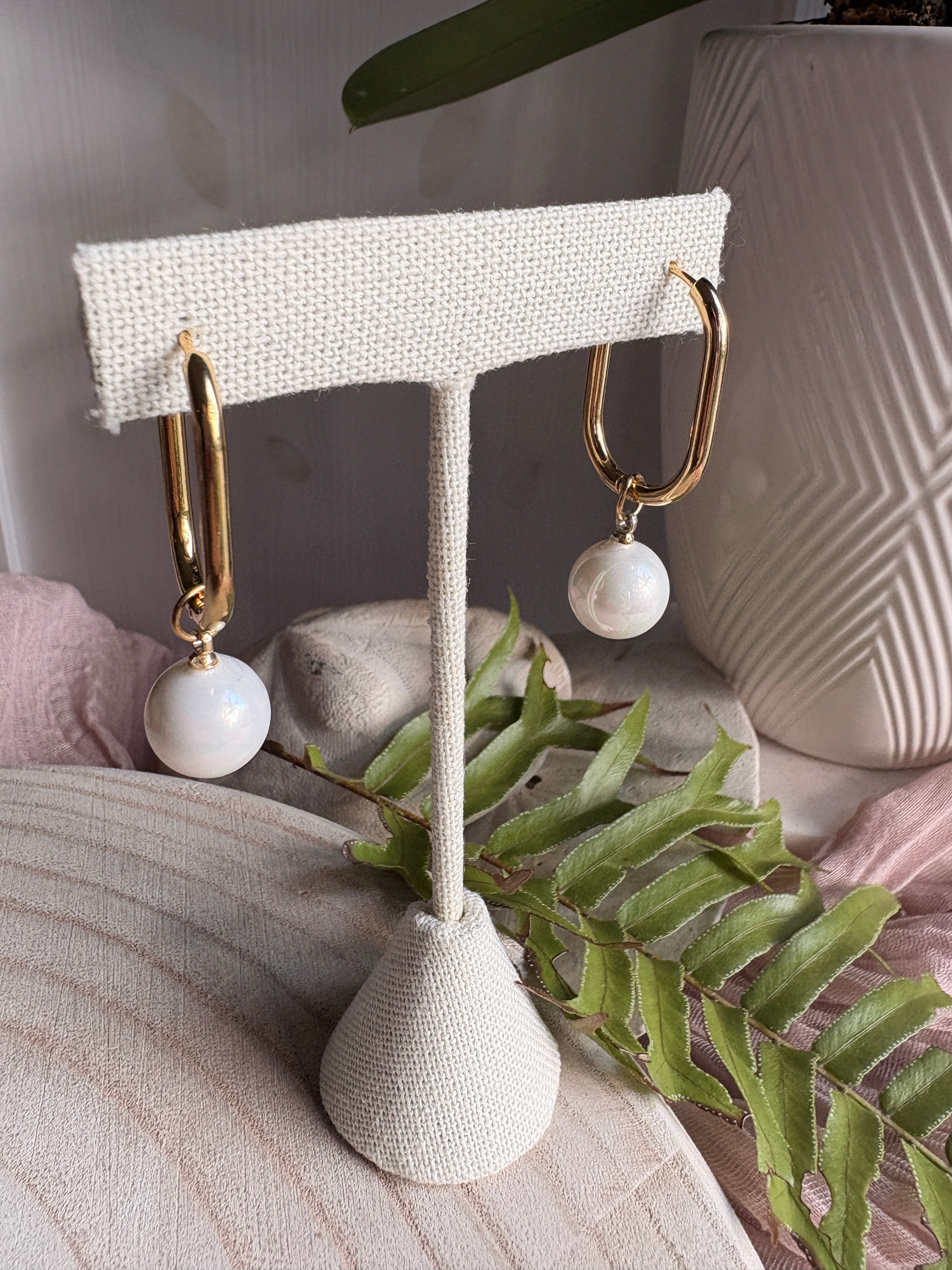 Gold Square Hoops with Pealrs