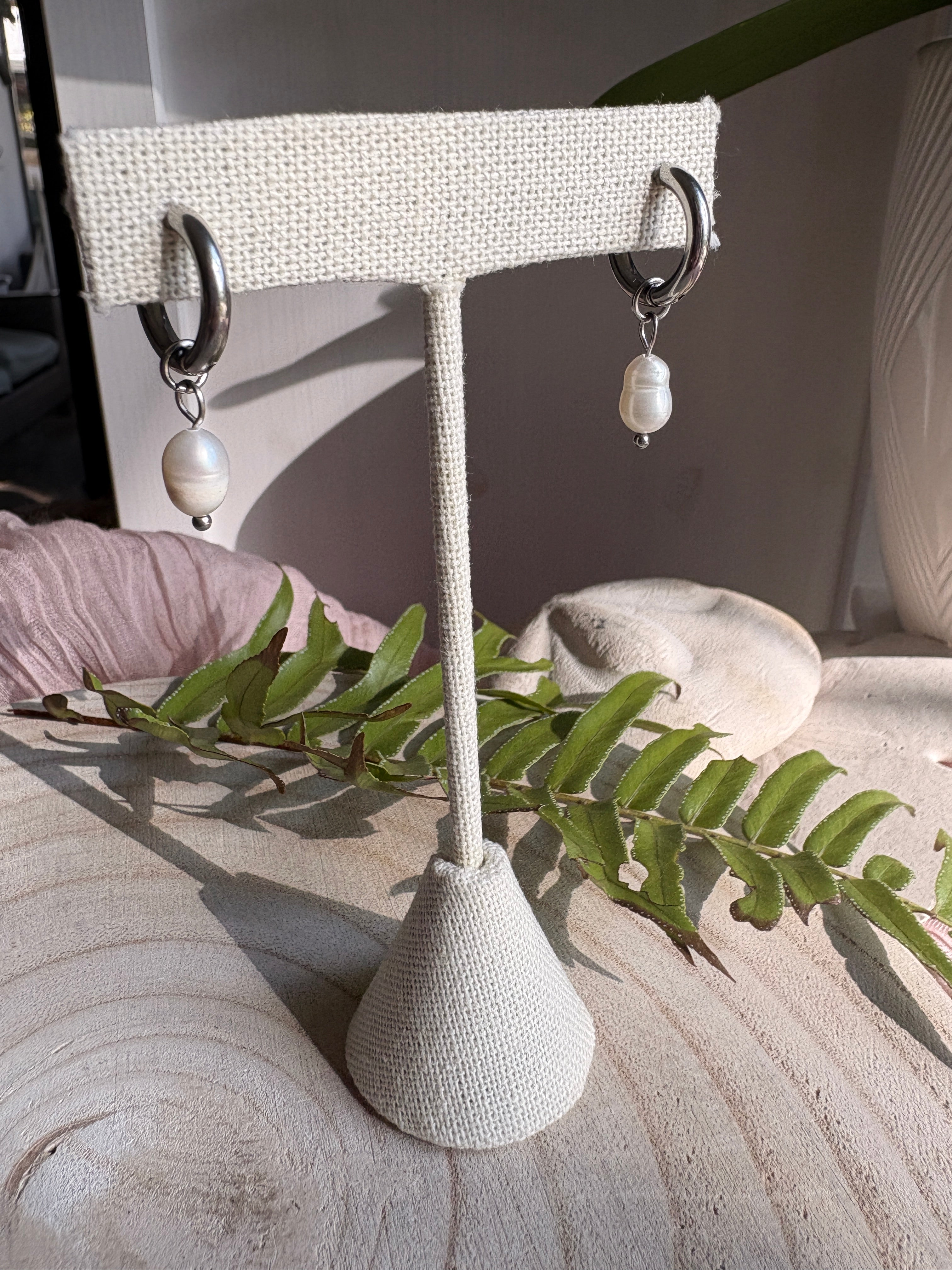 Silver Chunky Hoops with Pealrs