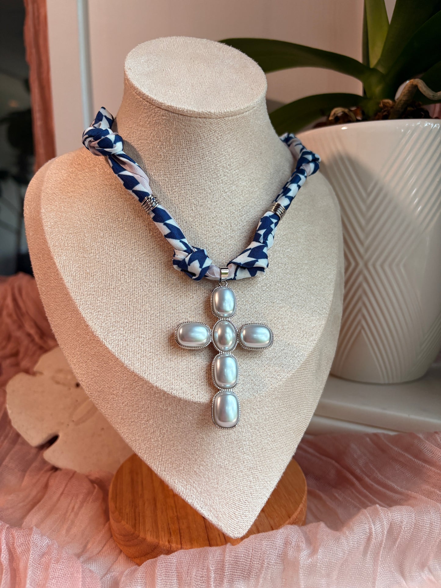 Scarf Necklace with Pearl Cross