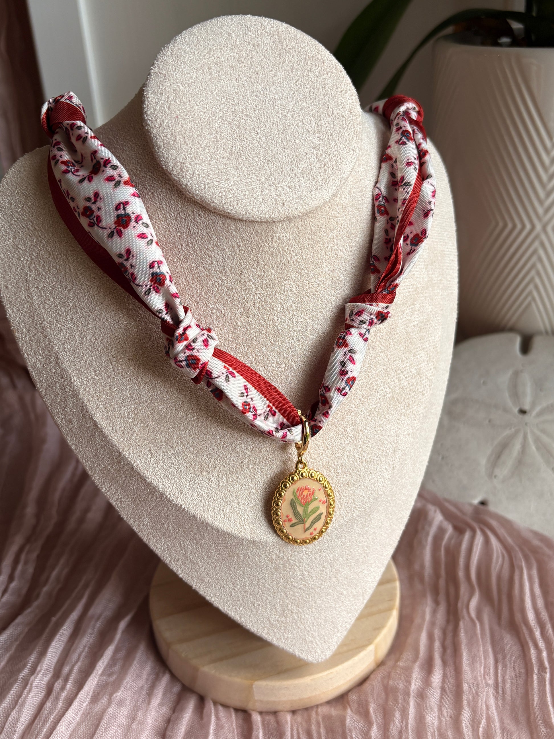 Red Scarf with Flower Pedant - Sky’s Gem Box