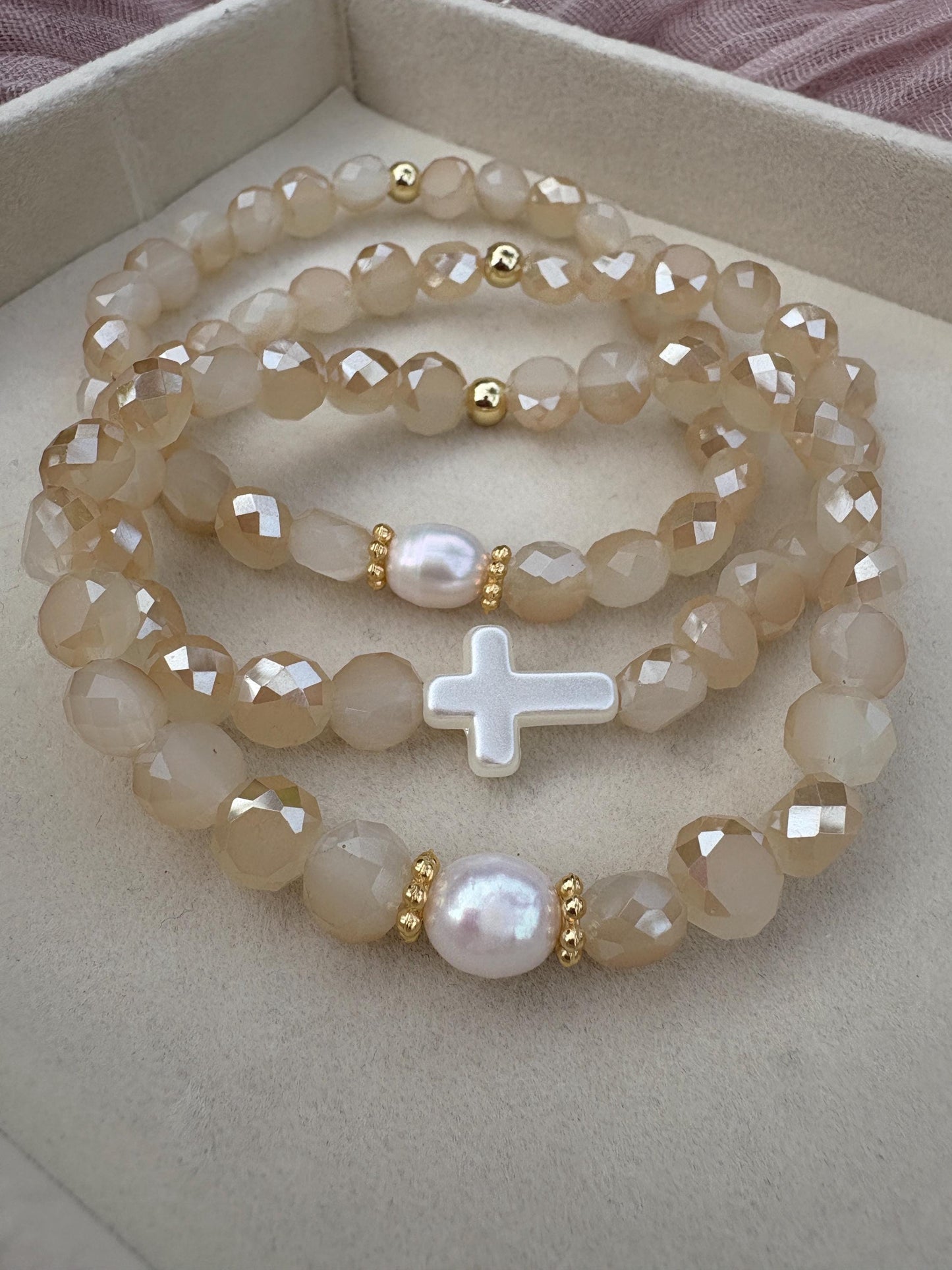 Champagne Faceted Beaded Stretch Bracelet Set of 3