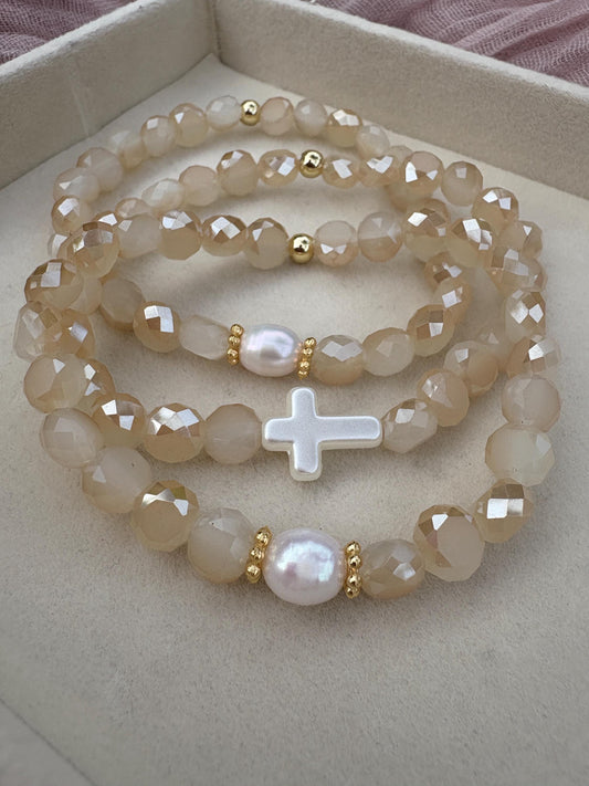 Champagne Faceted Beaded Stretch Bracelet Set of 3
