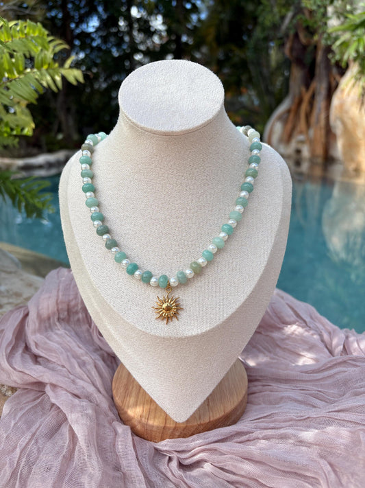 Green Agate Bead Necklace with Sun Charm