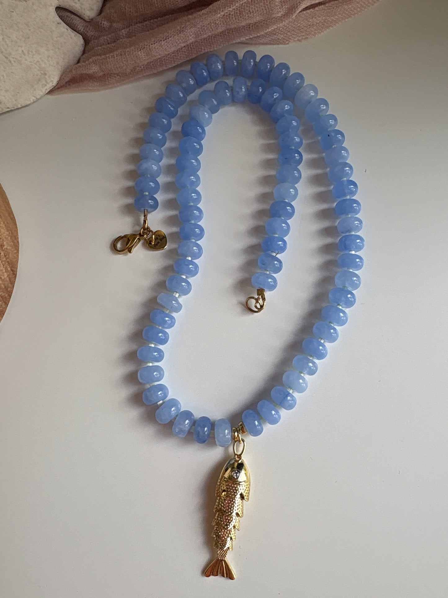 Light Blue Agate With Fish Pendant Necklace
