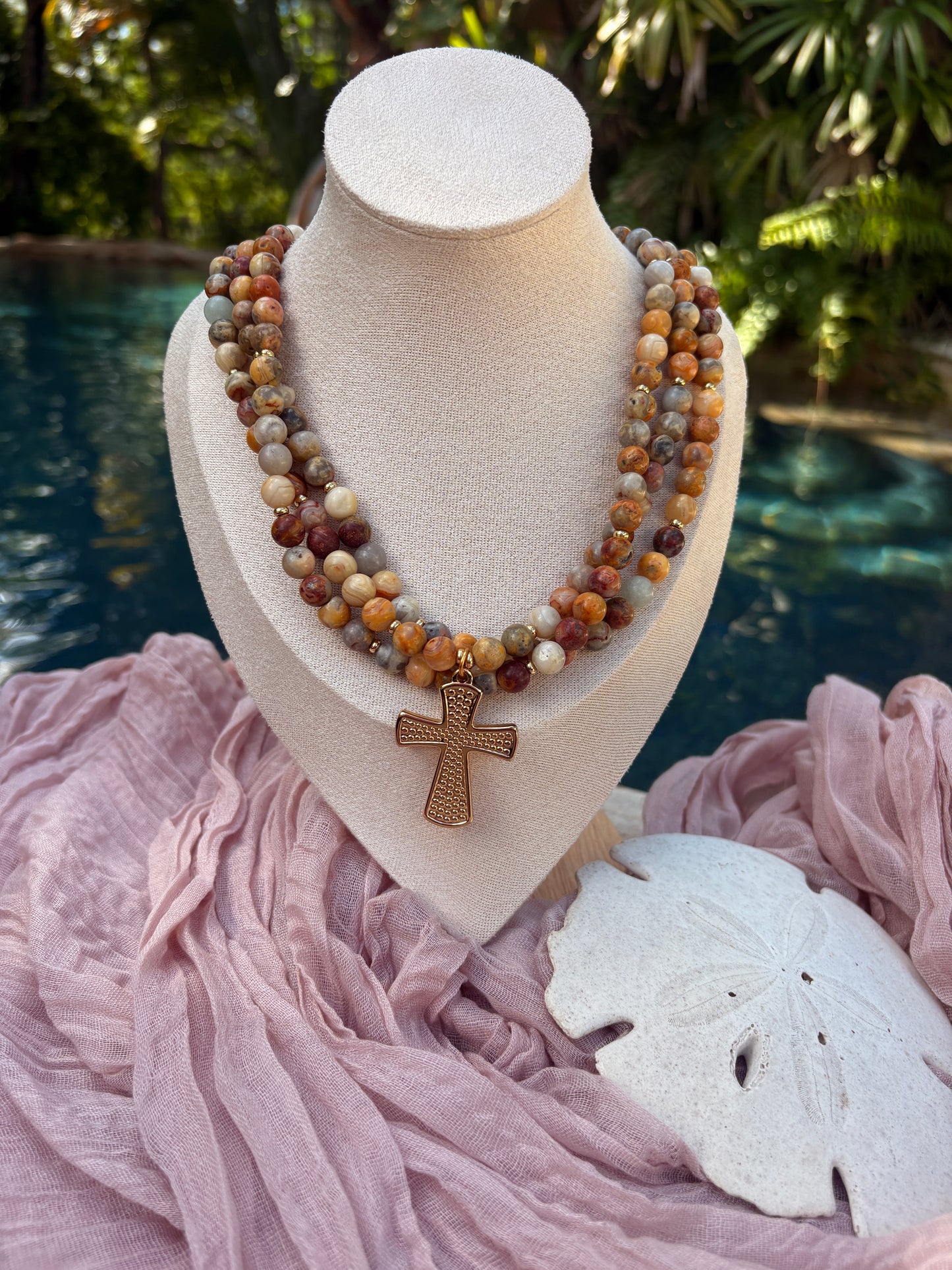 Triple Crazy Lace Agate Cross Necklace