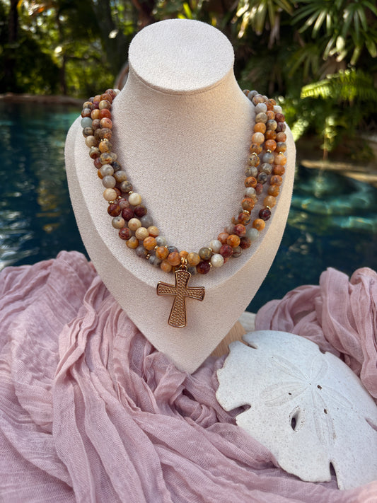 Triple Crazy Lace Agate Cross Necklace