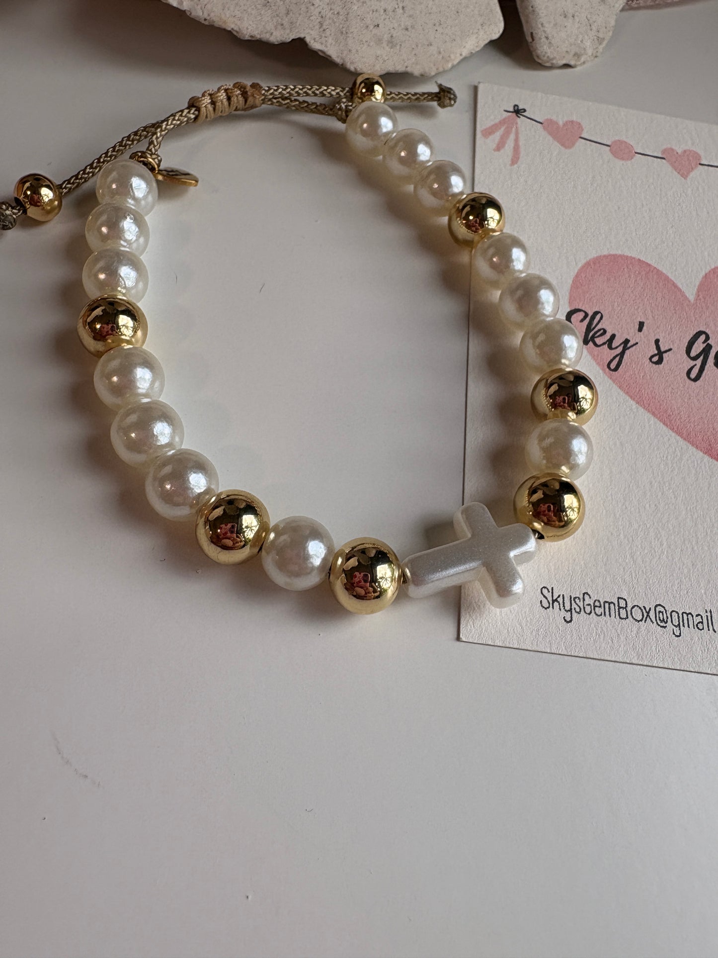 Pearl and Gold Cross Adjustable Bracelet