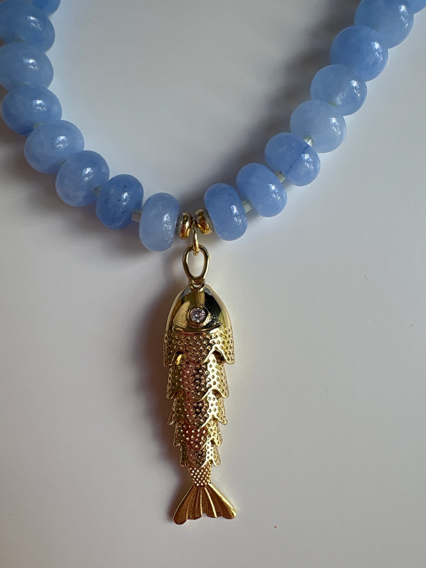 Light Blue Agate With Fish Pendant Necklace