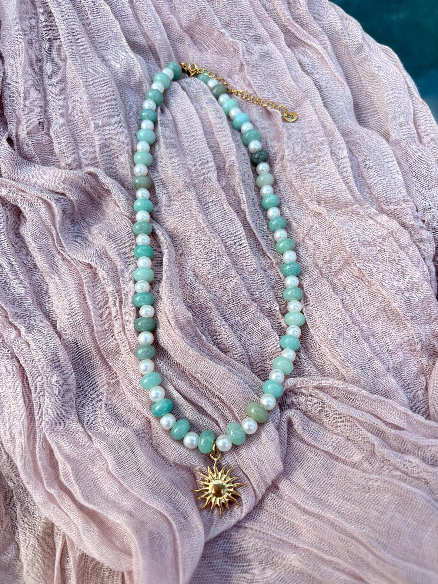 Green Agate Bead Necklace with Sun Charm