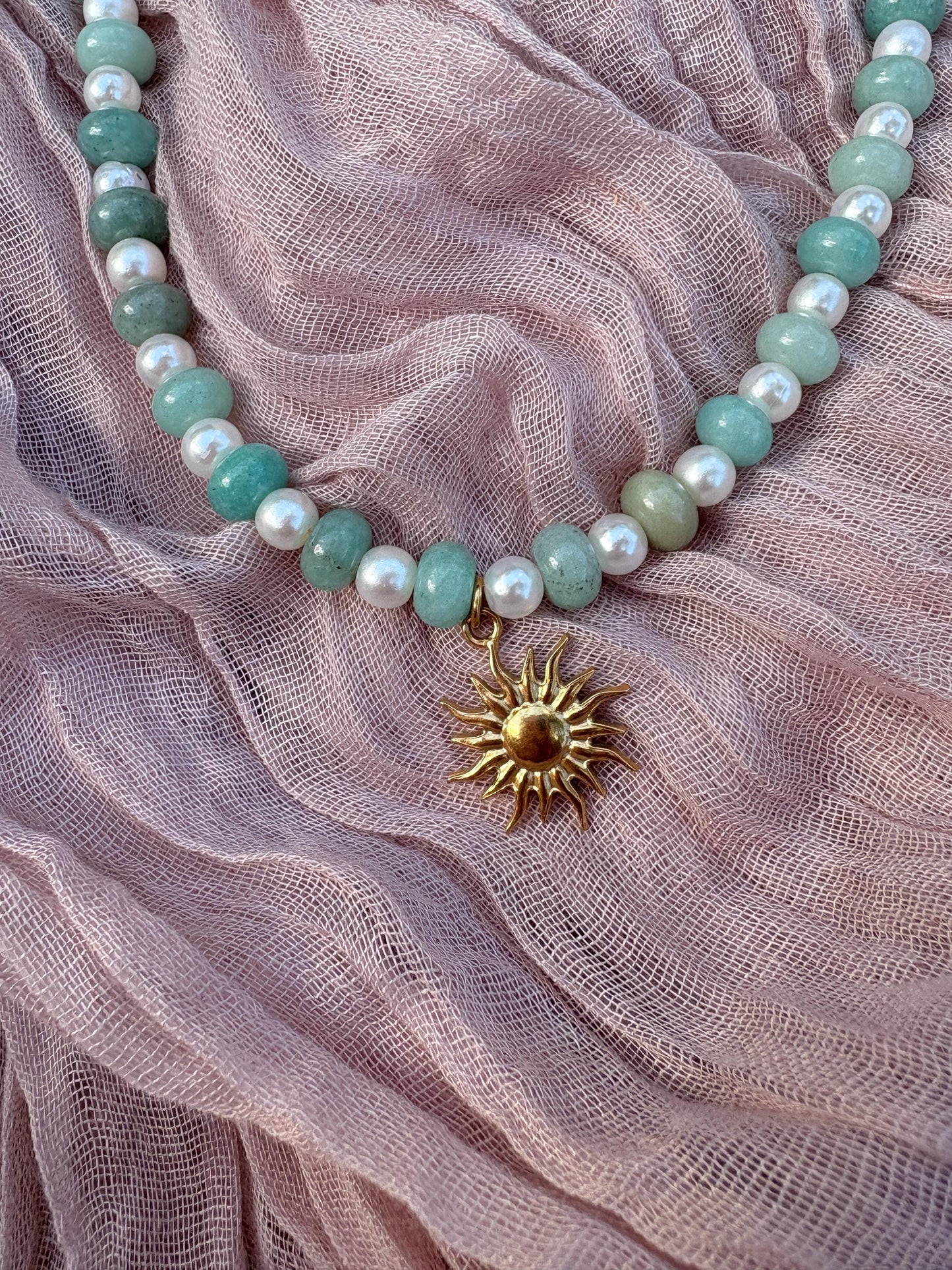 Green Agate Bead Necklace with Sun Charm