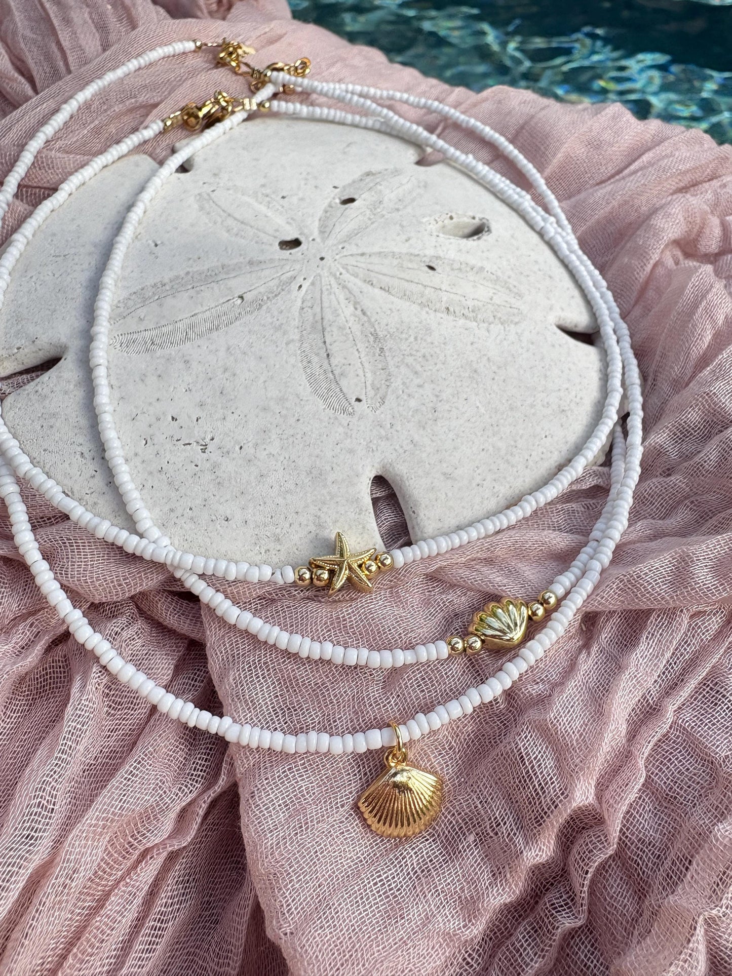 White seed bead seashell choker