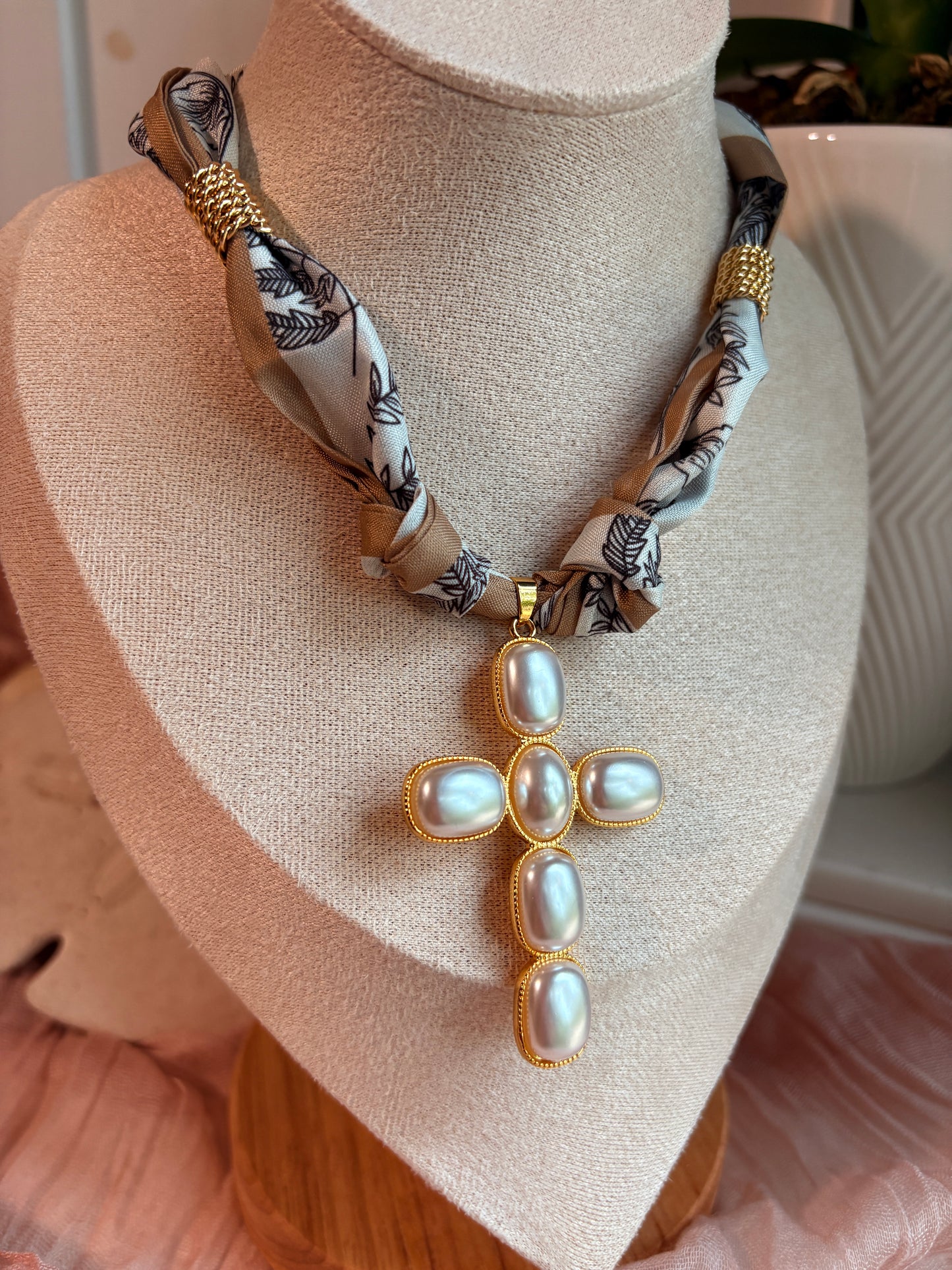Scarf Necklace with Pearl Cross