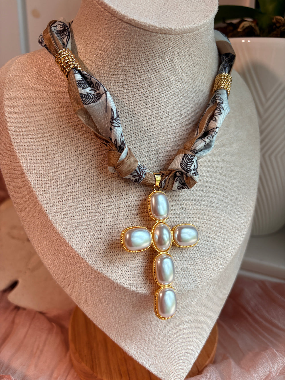 Scarf Necklace with Pearl Cross - Sky’s Gem Box