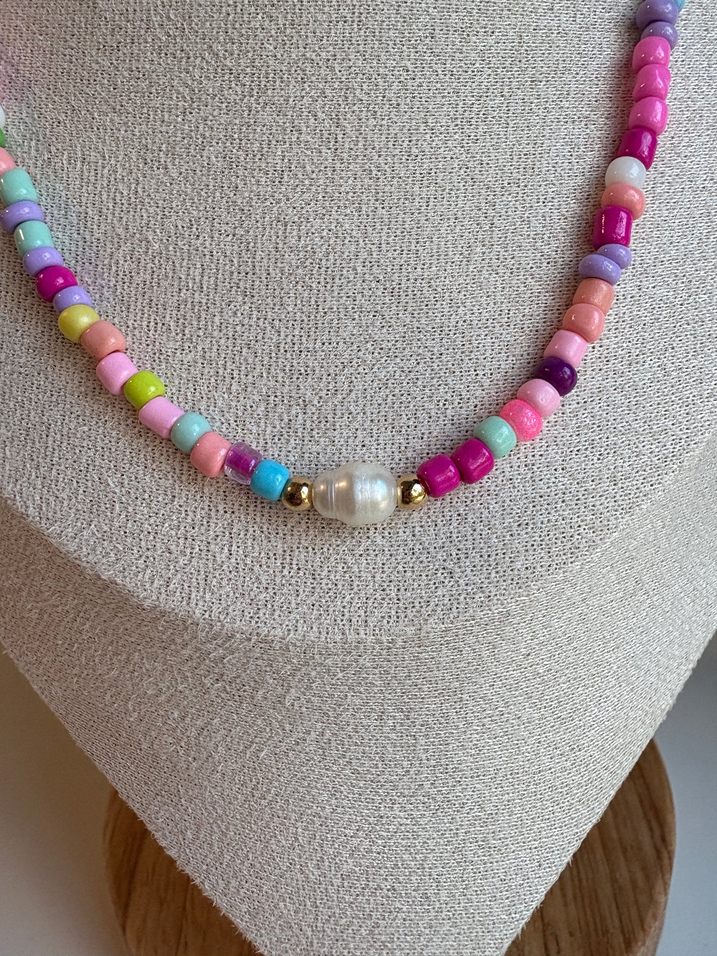 Colorful Seed Bead with Pearl Necklace
