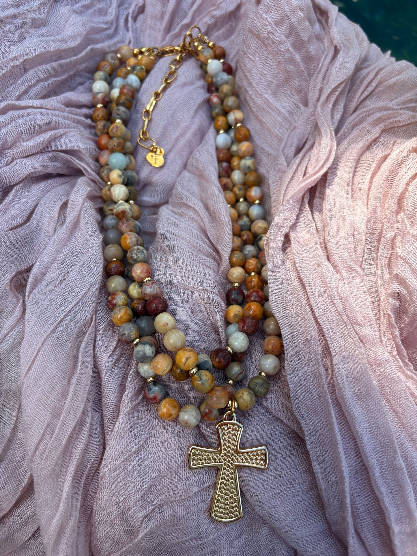 Triple Crazy Lace Agate Cross Necklace