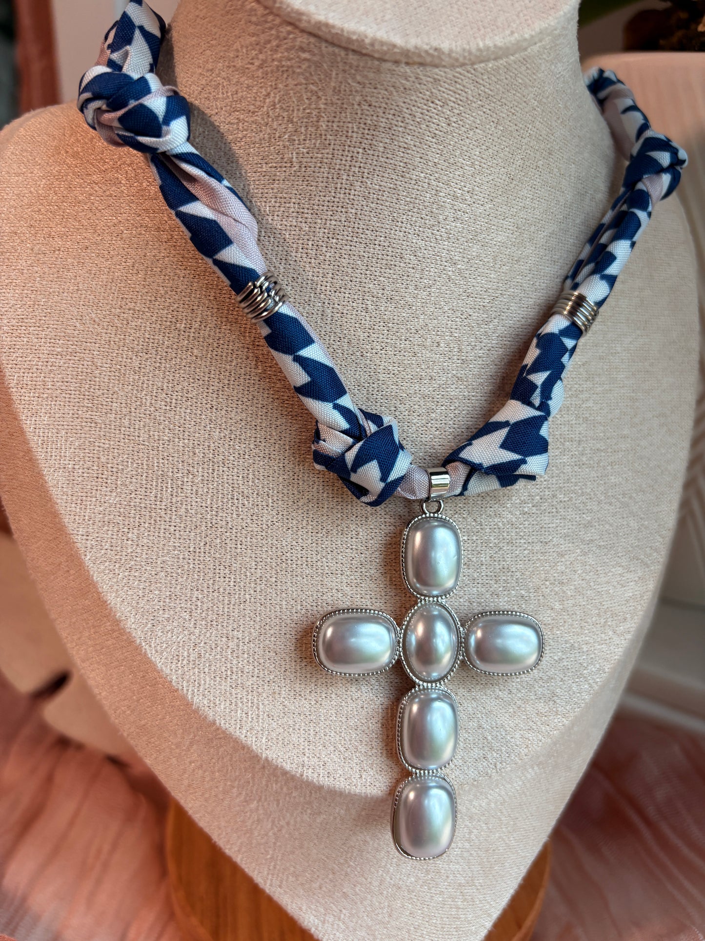 Scarf Necklace with Pearl Cross
