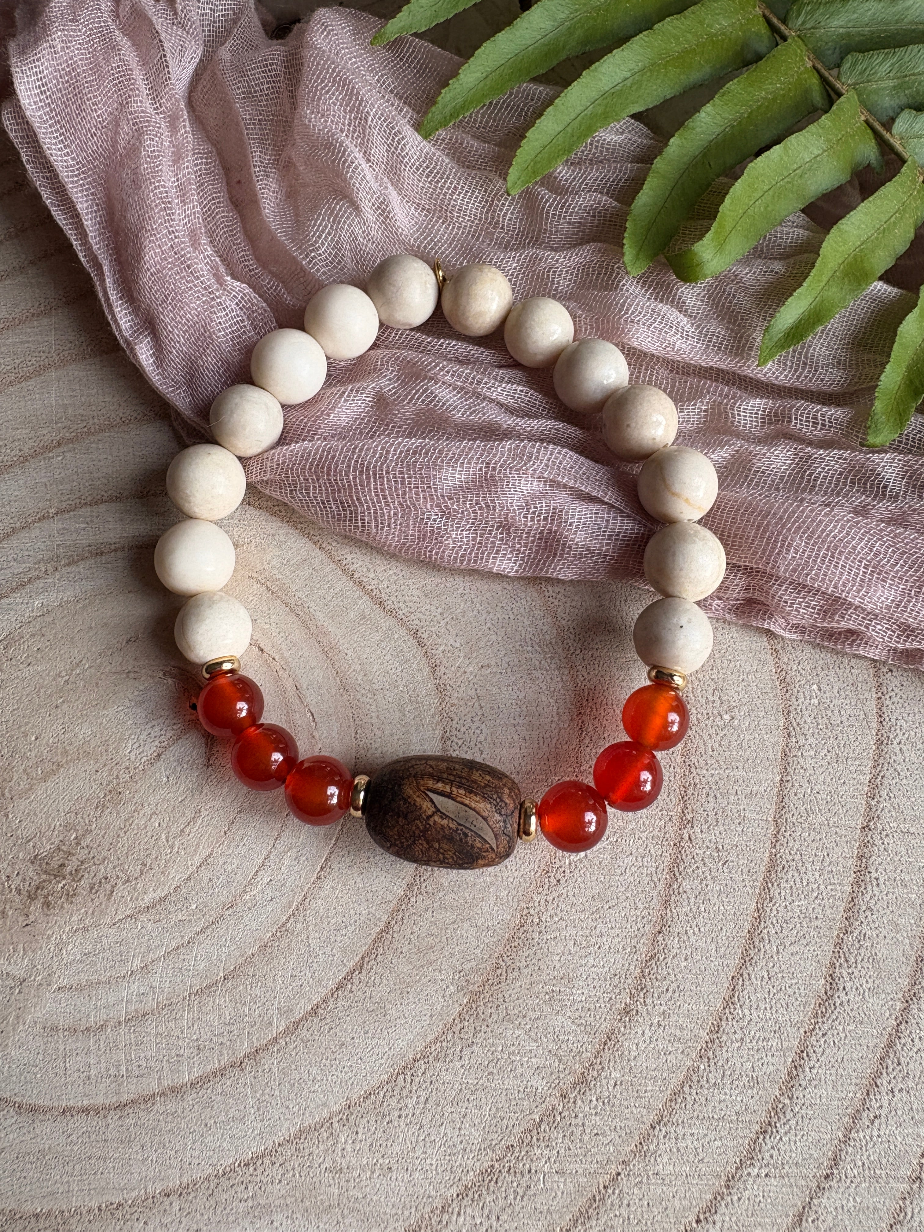 Fossil Jasper, Carnelian & Wood Statement Bracelet