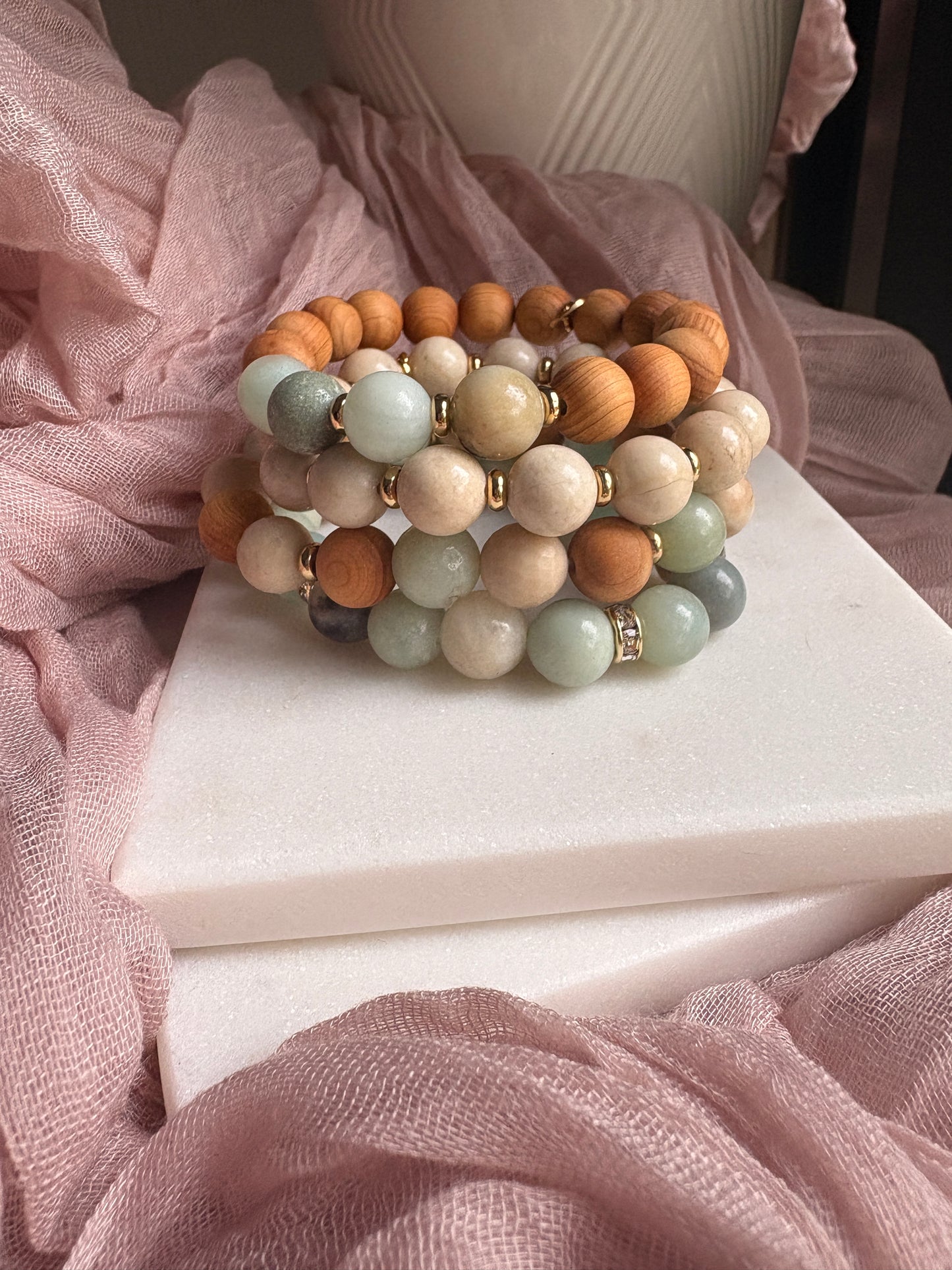 Amazonite, Wood and Fossil Jasper Bracelet